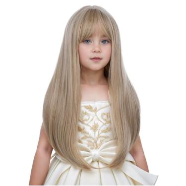 Imagem de Edivd Peruca loira mista para meninas, peruca loira acinzentada longa com franja de ar para crianças, perucas retas sintéticas resistentes ao calor com touca