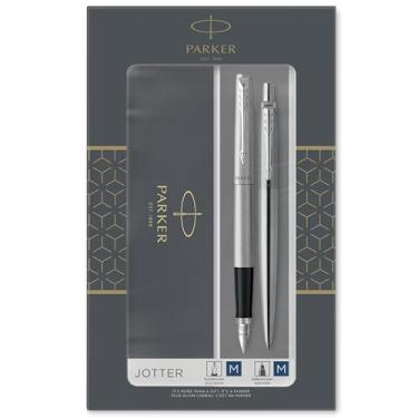 Imagem de Parker Jotter Duo Gift Set with Ballpoint Pen & Mechanical Pencil (0.5mm), Stainless Steel with Chrome Trim, Blue Ink Refill, Gift Box