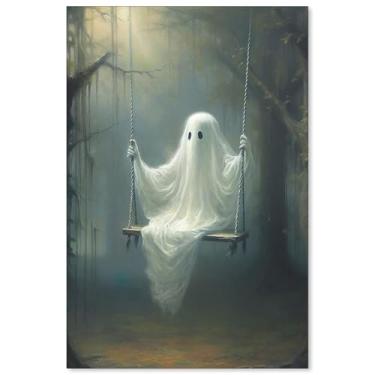 Imagem de UNXIS Pôster vintage de Halloween em folha de fantasma no balanço arte de parede Dark Academia Decor Victorian Gothic Wiccan Arte 40 x 61 cm sem moldura impressões de imagens de terror