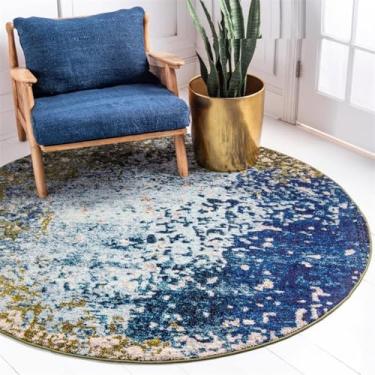 Imagem de ESSMOKO Tapete redondo étnico tapete retro tapete quarto / sala de estar tapete lavável à máquina, fácil de cuidar, tapete de caxemira artificial, azul lago, azul lago, 60 cm