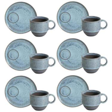 Imagem de Conjunto 6 Xícaras de Chá 230ml Empilhável com Pires Linhas Breeze Azu