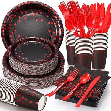 Imagem de 560 peças de artigos de festa preto e vermelho para 80 convidados, conjunto de louça descartável, pratos de papel preto e vermelho, guardanapos, copos, garfos de plástico vermelho, facas, colheres
