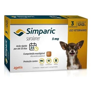 Imagem de Simparic zoetis para cães de 1,3 a 2,5 Kg 5Mg caixa com 3 Comprimidos
