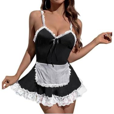 Imagem de THSCWY Fantasia feminina sexy de empregada francesa cosplay fantasia sexy impertinente conjunto de lingerie com acabamento em renda avental lolita roupa de representação de empregada preta média