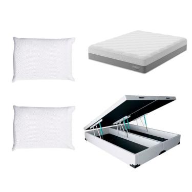 Imagem de Cama Box Baú Martin Premium com Colchão Queen Sublime Mola Ensacada e Espuma Viscoelástica (32x158x198) e 2 Travesseiros Guldi Soft Nasa Branco