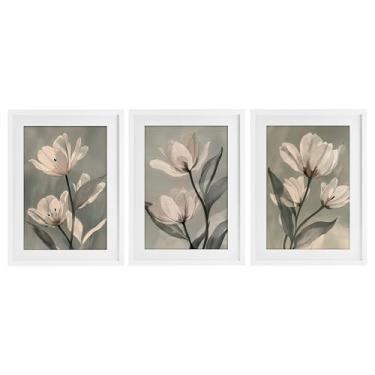 Imagem de Stupell Industries Flower Trios Portraits 3 Peças Impressão Emoldurada Branca Conjunto de Vidro Design por Annabelle Hall, 20 x 14