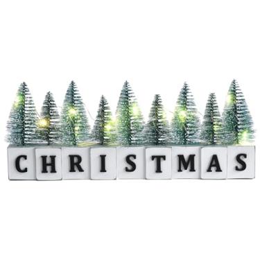 Imagem de Decoração de mesa de árvore de Natal iluminada por LED, decoração de Natal de madeira rústica com mini árvores, mesa de bloco de placa de Natal, casa de fazenda, centro de mesa de férias de inverno