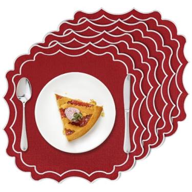 Imagem de Conjunto de 4 jogos americanos de linho de algodão de Natal, tapetes de mesa de pano bordado recortado de 38 cm, lavável na máquina, tapetes de mesa de jantar resistentes a vincos decorativos para