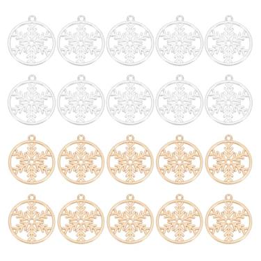 Imagem de PATIKIL Amuleto de floco de neve, pingentes redondos de liga de inverno de Natal com pingente de floco de neve para fazer joias, colar de artesanato, pulseira, brinco-50 peças (ouro rosa/prata