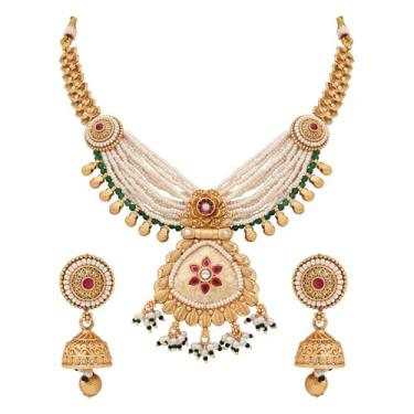 Imagem de I Jewels Colar de pérolas com motivo de contas em camadas de latão antigo banhado a ouro de Bollywood indiano com brinco conjunto de joias para mulheres (MC222G)