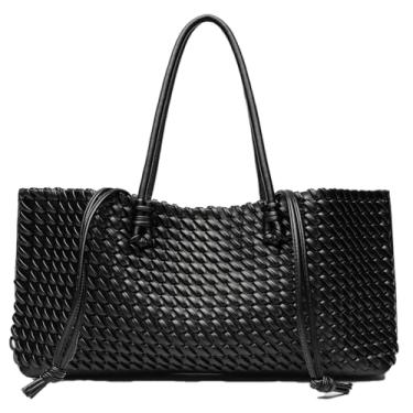 Imagem de Bolsa feminina de tecido de couro PU com 2 peças, bolsa de ombro nas axilas, bolsa Hobo, bolsa transversal, alça superior, Preto, Small