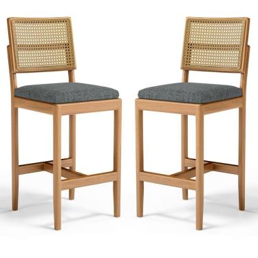 Imagem de Kit Com 2 Banqueta Milena Madeira Maciça Assento Estofado Encosto De Tela Palha Sextavada Linho Chumbo 406