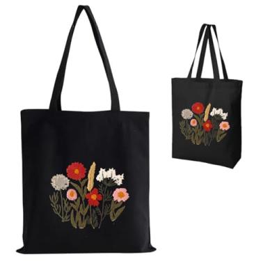 Imagem de Kit de sacola de bordado para iniciantes, sacola de compras de lona bordada à mão com aro, fio dental e acessórios, presente ecológico reutilizável para mulheres e adultos (planta, preto)