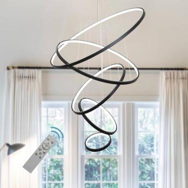 Imagem de DEARLAN Lustre de Led Moderno, Iluminação Regulável, Teto, Lustres Pretos, Luzes Pendentes Contemporâneas, Sala de Estar, Sala de Jantar, Luminárias Penduradas, 5 Anéis, Hall de Entrada, Quarto, Luz B