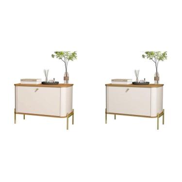 Imagem de Conjunto com 2 Mesas de Cabeceira Curva 1 Porta Pés e Puxadores em Metal 76cm Tucupí Off White/Marrom/Dourado