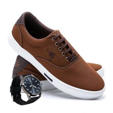 Imagem de Kit Sapatênis Casual Masculino Polo Joy Sport + Relógio, Marrom, 37