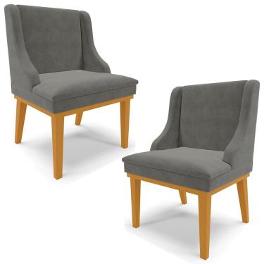 Imagem de Kit 2 Poltronas Decorativas Base Fixa de Madeira Firenze Suede Grafite/Castanho - Gran Belo