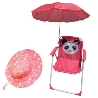 Imagem de Cadeira de Praia Infantil com Guarda-Sol, Design Panda, Dobrável e Chapéu Rosa Design Unicórnio, com Proteção UV, RIKABUNI