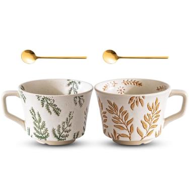 Imagem de Noevany Conjunto de 2 canecas de café 325 ml, copos de porcelana para latte, chá quente, cappuccino, cacau, sopa, máquina de lavar louça, seguro para micro-ondas, conjunto de presente de Natal (folha
