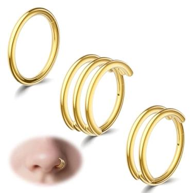 Imagem de davka Conjunto de argolas de nariz douradas 18G com 3 peças - simples, duplas e triplas - Aço hipoalergênico 316L para mulheres e homens, clique articulado para narina/septo/hélice/piercings de