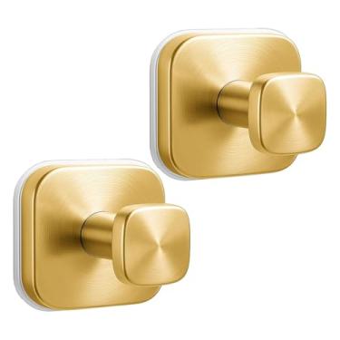 Imagem de Tyothimm 2 ganchos quadrados com ventosa, gancho de chuveiro de aço inoxidável 304, puxador removível com ventosa para chuveiro, banheiro, cozinha, porta de vidro, espelho (ouro)