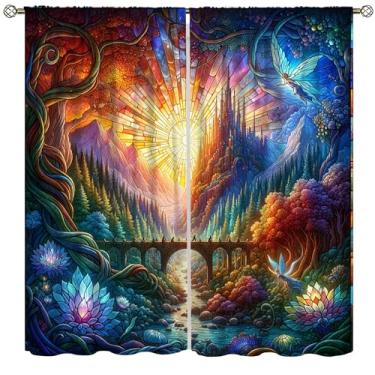 Imagem de Cortinas de vitral Floresta Colorida Castelo Fada Montanha Ponte Videira Sol Flor Janela Tratamentos para Quarto, Cozinha, Sala de Jantar, Escritório, 107 cm L X 113 cm C