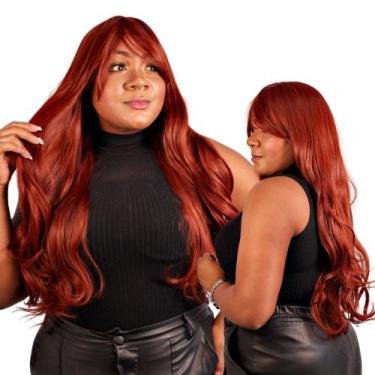 Imagem de Peruca Lace Normal Ondulada Fibra Orgânica Ruiva com Franja - MayaHair