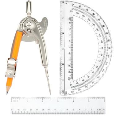 Imagem de Conjunto de 4 peças de bússola de matemática geométrica para bússola e transferidor de matemática geométrica, inclui bússola de metal com régua de plástico e transferidor para estudante, escola