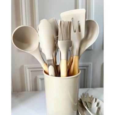 Imagem de Kit C/12 Peças Utensílios De Cozinha Colheres Espatula Silicone Cabo Madeira Decoração Livre BPA(cáqui)