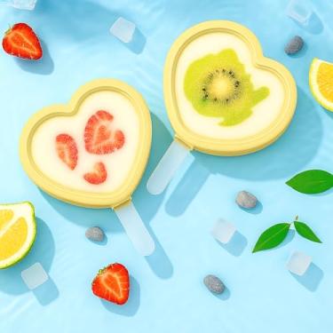 Imagem de Molde de picolé para sorvete 3D em forma de coração com palitos, bandeja reutilizável de verão para doces congelados DIY kit de molde de sobremesa para bebidas (amarelo)