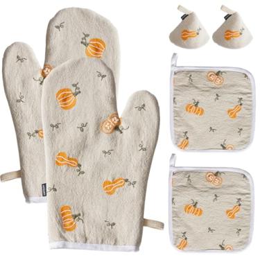 Imagem de Hausfrau Conjuntos de luvas de forno e suportes de panela de jacquard bordadas com capa de cabo de ferro fundido, 6 peças, luvas de cozinha florais vintage resistentes ao calor, luvas de forno para