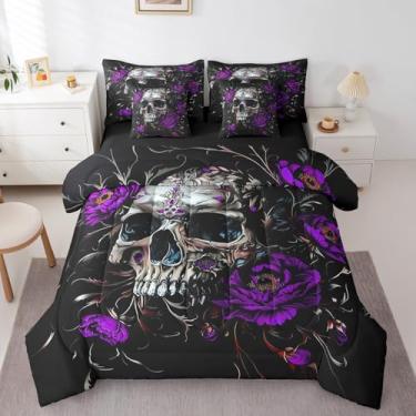 Imagem de Erosebridal Jogo de cama casal com caveira, 7 peças, caveira gótica de Halloween, conjunto de cama de esqueleto floral, inclui edredom, conjunto de lençol, fronhas e fronhas para todas as estações