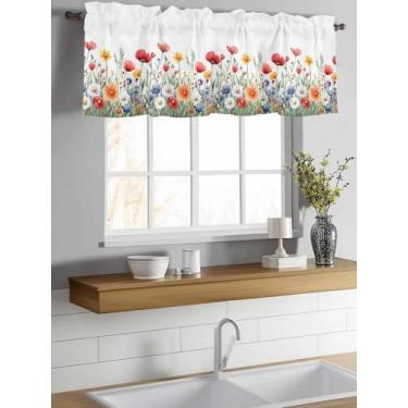 Imagem de Cortinas curtas de cozinha com estampa floral de flores silvestres para decoração de janelas, tratamento de janela para banheiro, sala de estar, quarto, 1 painel, 107 x 30 cm