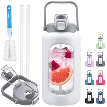 Imagem de HYDRAGLAZIC Parafusos de água de vidro de 2,041 g com canudo, bico e tampa 2 em 1, garrafa de água de meio galão com marcador de tempo e manga de silicone, garrafa de água esportiva sem BPA para