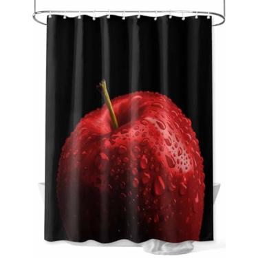 Imagem de Cortina de chuveiro vermelha moderna de frutas, preta clássica close-up à prova d'água lavável tecido lavável conjunto de cortinas de chuveiro para decoração de banheiro, 91 x 182 cm de comprimento,