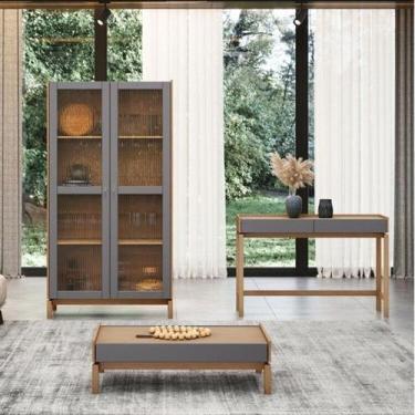 Imagem de Kit 3 Peças Cristaleira 2 Portas de Vidro + Aparador 2 Gavetas e Mesa 