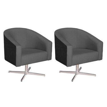 Imagem de Kit 02 Poltronas Luiza Base Giratória De Metal Factor Preto E Linho Cinza Escuro