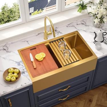 Imagem de MILOSEN Pia de cozinha dourada de 76 cm, avental de estação de trabalho de aço inoxidável de 76 cm x 56 cm, pia frontal com borda e acessórios, pias de fazenda de tigela dupla 50/50, pias artesanais