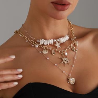 Imagem de Colar de ouro para mulheres, colar delicado ajustável banhado a ouro, corrente de praia simples moderna em camadas (concha de estrela do mar em 3 camadas)