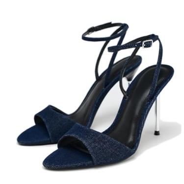Imagem de Sandálias de salto agulha para mulheres, bico fino, bico aberto, salto alto, tira no tornozelo, sandálias de salto sexy para festa e casamento, sapatos de salto alto, Jeans azul, 36