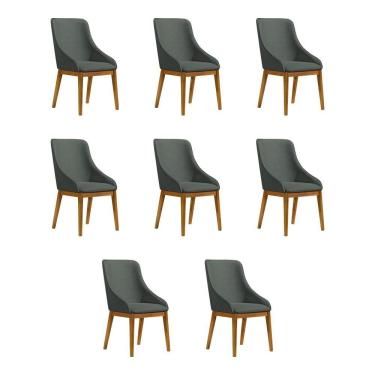 Imagem de Kit 8 Cadeiras De Jantar Estofada Elisa Anatômica Linho Chumbo Base Madeira Maciça Mel Cinza