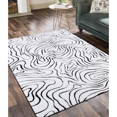 Imagem de YIHOUSE Tapetes modernos para sala de estar 12 x 18 cm, tapete lavável preto e branco para quarto, tapetes geométricos fofos para sala de jantar para decoração de casa embaixo da mesa