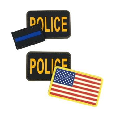 Imagem de uuKen 4 peças de adesivos de PVC para polícia, 7 cm × 5 cm com fecho de gancho na parte de trás para chapéus, coletes, bolsas, porta-placas (4 peças, 2 PP amarelos, bandeira, remendo azul fino)