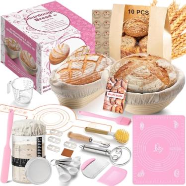Imagem de RYTOXILO Kit iniciante de massa fermentada, 18 unidades de kits de suprimentos para assar pão de massa azeda para iniciantes com pote de vidro de 970 ml, conjunto completo para fazer pão com cesta à
