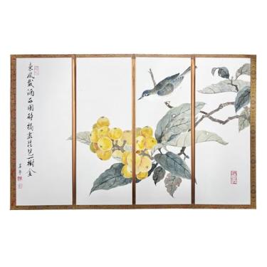 Imagem de Tela dobrável chinesa pintada à mão - Divisória oriental tradicional com mini divisor de quarto com padrão de pássaro e nêspera, painel de privacidade de mesa, (35 x 56 cm) simbolizando felicidade