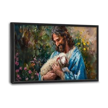 Imagem de Flintis Grande Jesus e Cordeiro Arte de Parede Cristão Jesus Retrato Imagens Decoração de Parede Religião Tela Impressão Arte Decoração Emoldurada para Sala de Estar Banheiro Quarto Principal