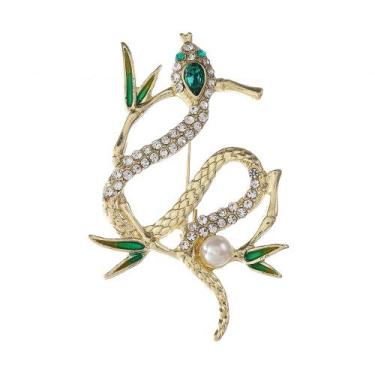 Imagem de Broche Pin Snake com design de folha de bambu verde e pérola - yiweisa