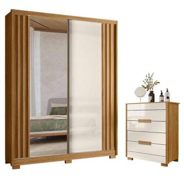 Imagem de Guarda Roupa Solteiro Colorado E Cômoda Dhara Freijó Off White Com Espelho - Moval