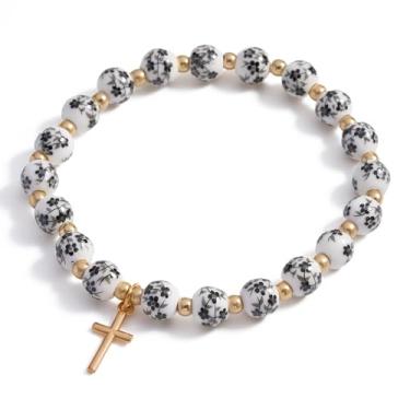 Imagem de ZHDHDQ Pulseira com pingente de cruz para mulheres, pulseira floral vintage antiga com contas e cruz elástica estética religiosa cristã primeira comunhão batismo confirmação presentes joias presentes