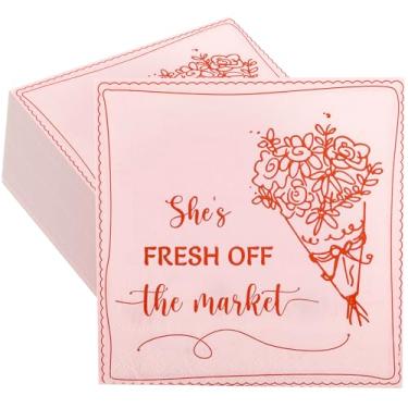 Imagem de FYSUIMU Guardanapos de coquetel She's Off The Market Mercado de flores vermelhas descartável guardanapo de papel decorativo bebida sobremesa guardanapo de mão para casamento chá de panela festa de